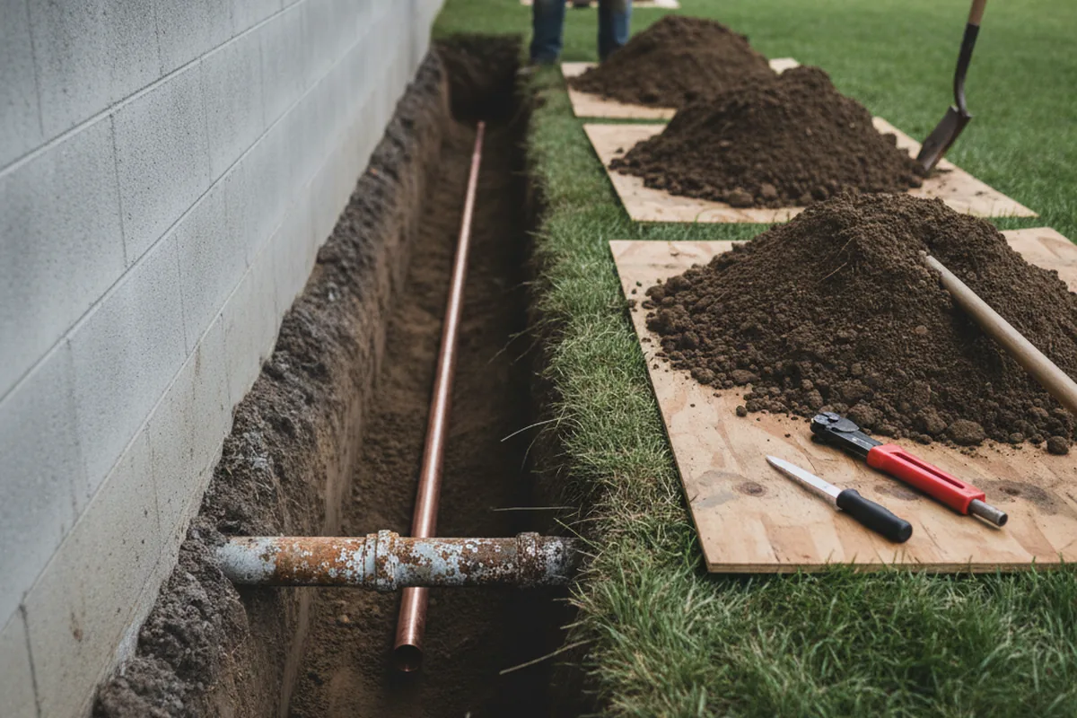 Excavated water line trench during Sewer Line Repair in Montrose